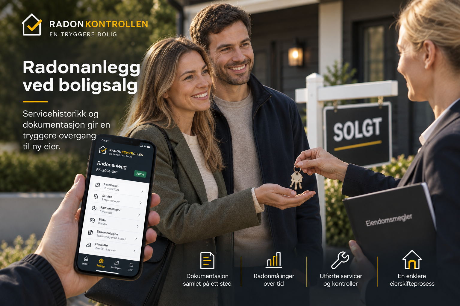 Boligkjøpere mottar nøkler ved boligsalg, med oversikt over radonanlegg, målinger og servicehistorikk i Radonkontrollen.