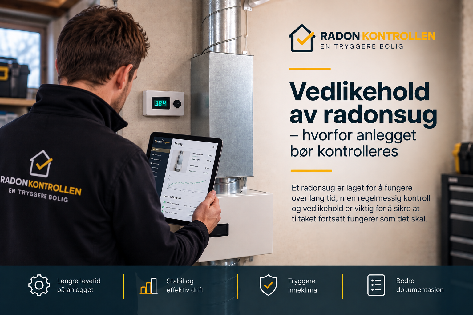 Tekniker utfører service og kontroll av radonsug og dokumenterer anlegget digitalt.